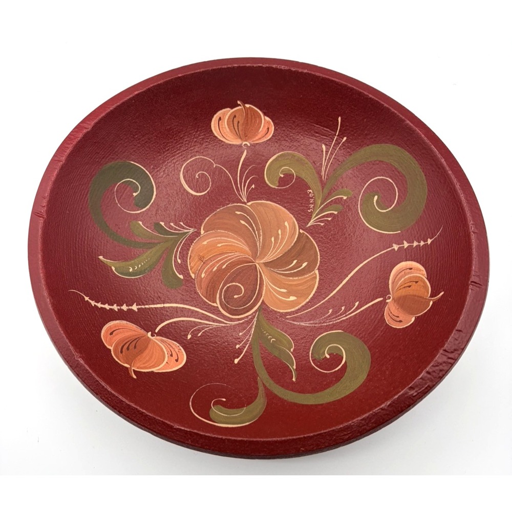 Vintage Small Wooden Red Hand Painted Bowl Folk Art Floral SIGNED